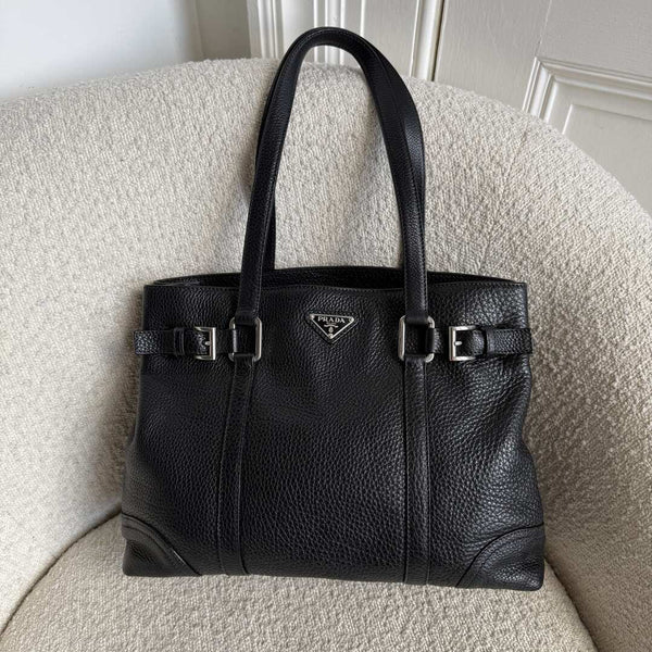 Prada Vitello Daino Leather Black Tote Bag
