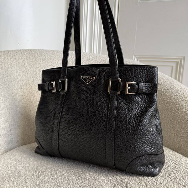 Prada Vitello Daino Leather Black Tote Bag