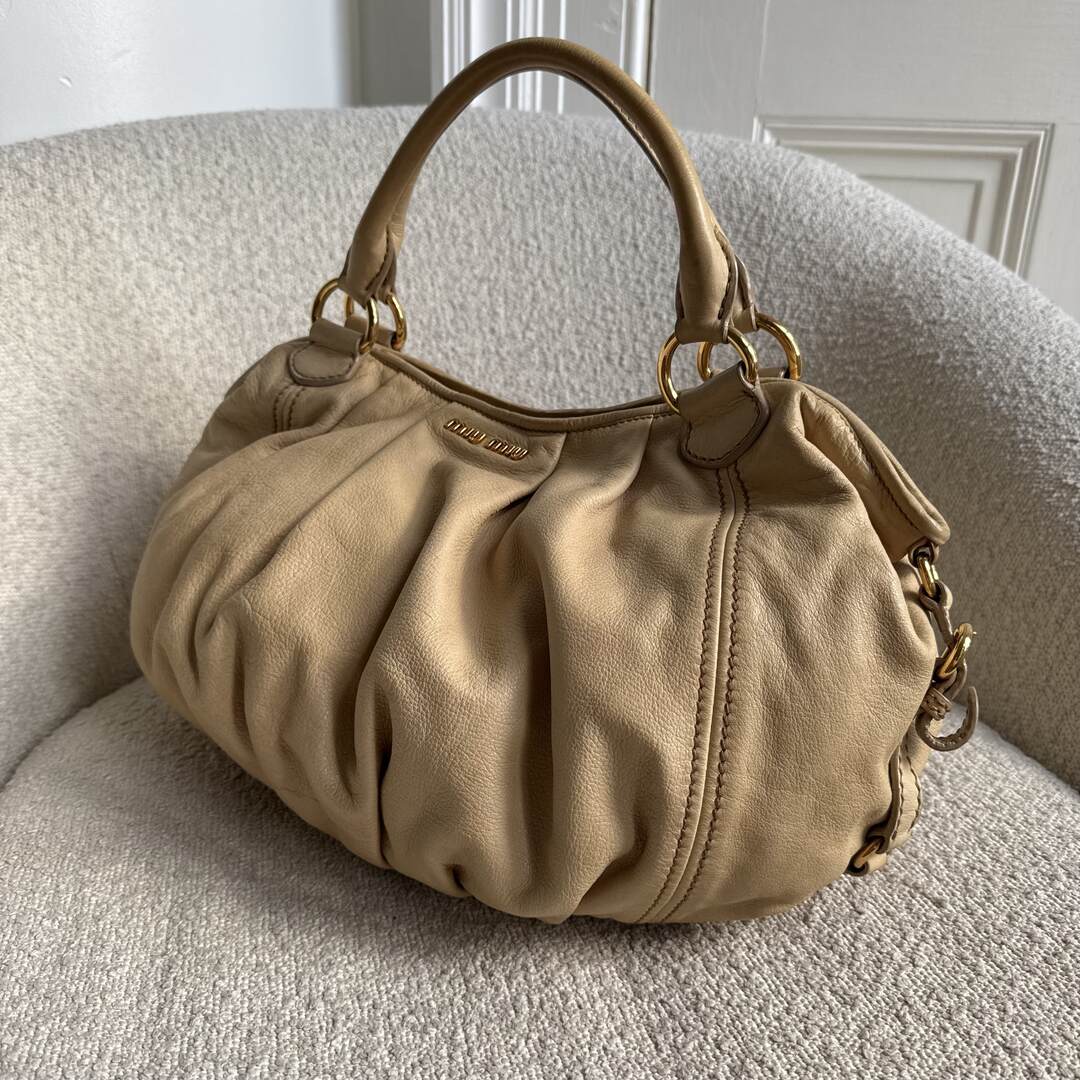 Miu Miu Hobo Leather Beige Shoulder Bag