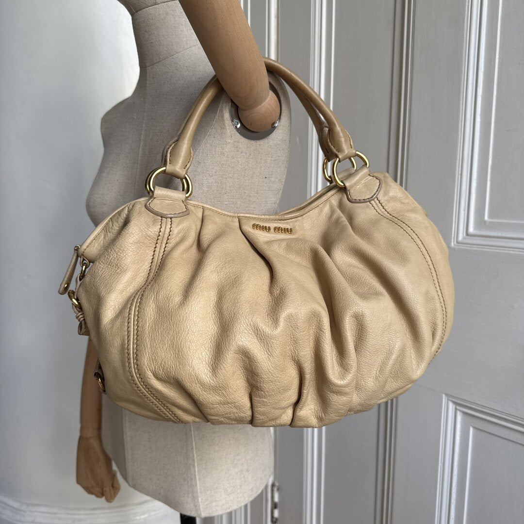 Miu Miu Hobo Leather Beige Shoulder Bag