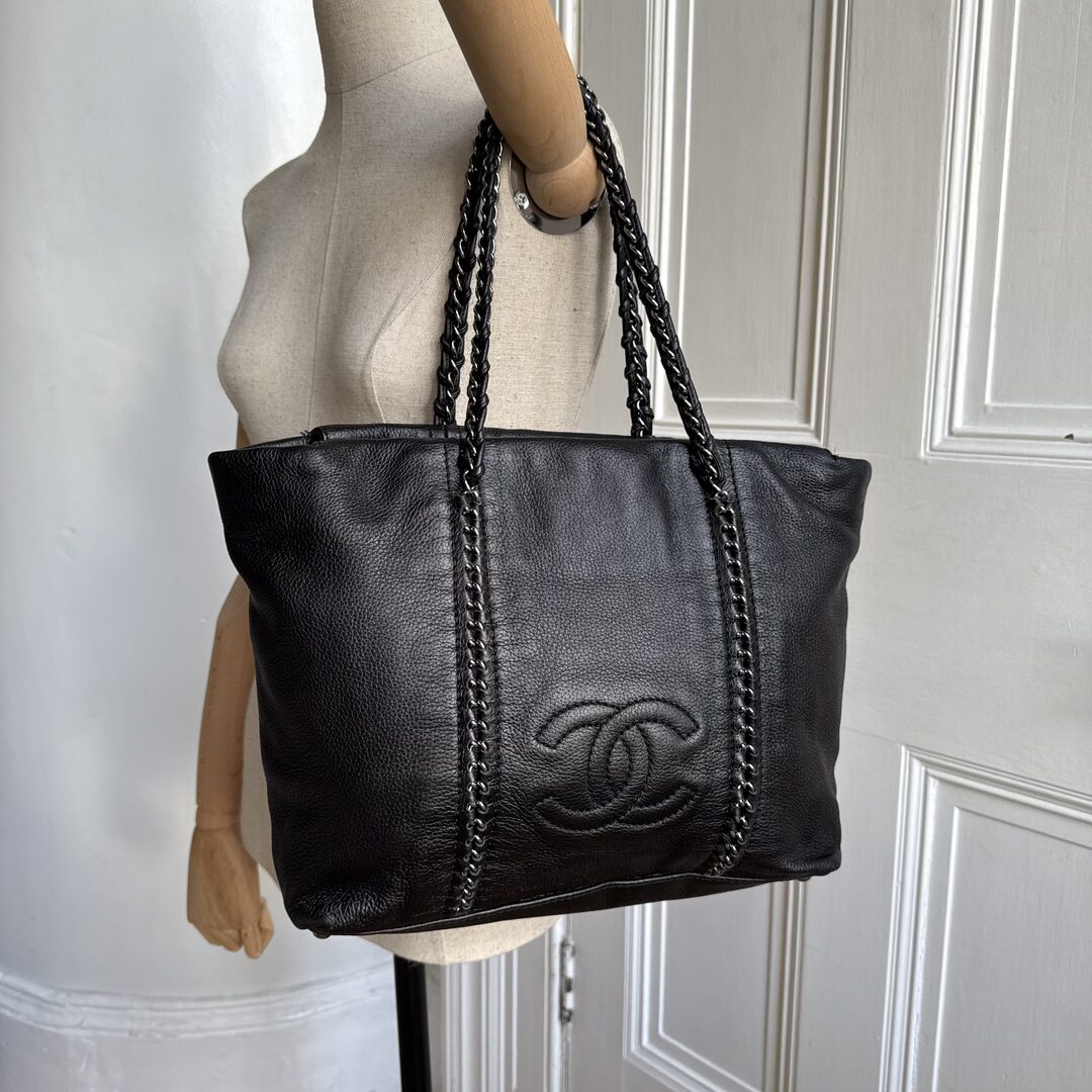 Chanel Lux Ligne Black Leather Chain Tote Bag