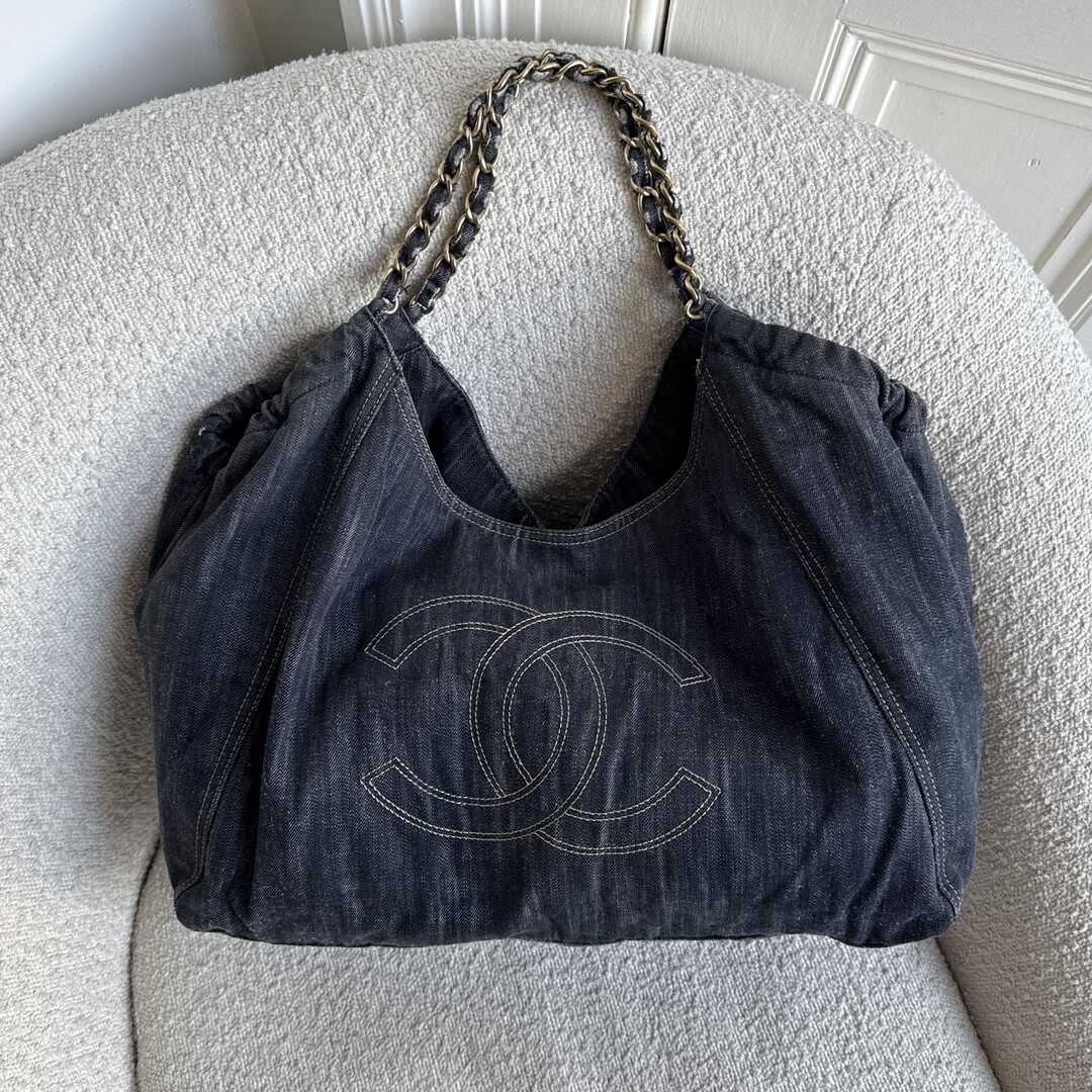 2005 Chanel Cabas Denim Blue Chain XL Tote Bag