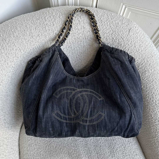 2005 Chanel Cabas Denim Blue Chain XL Tote Bag