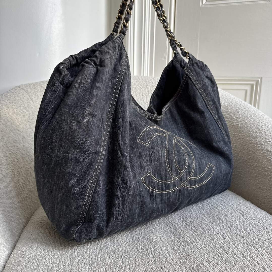 2005 Chanel Cabas Denim Blue Chain XL Tote Bag
