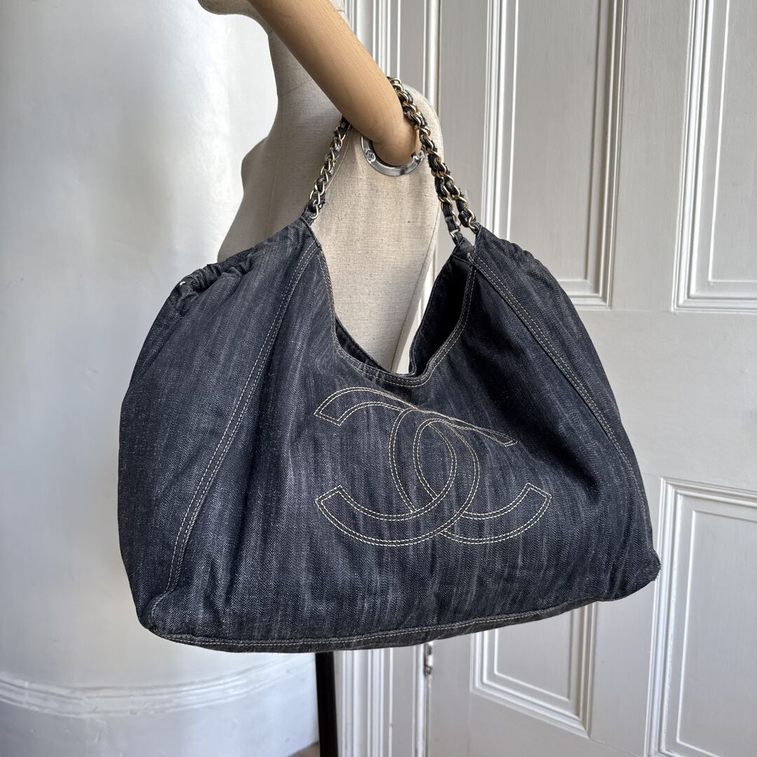 2005 Chanel Cabas Denim Blue Chain XL Tote Bag