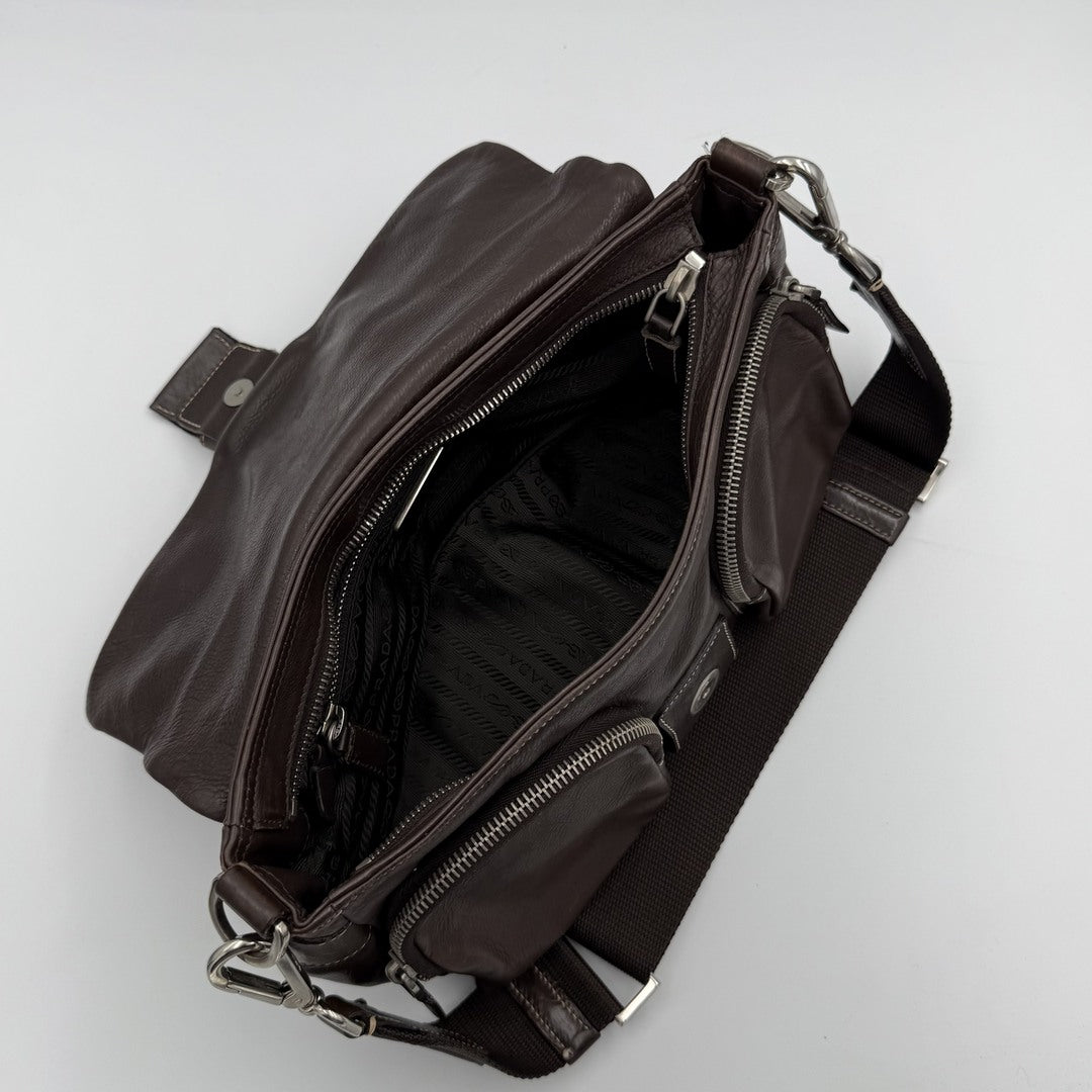 Prada Buckle Leather Brown Shoulder Bag