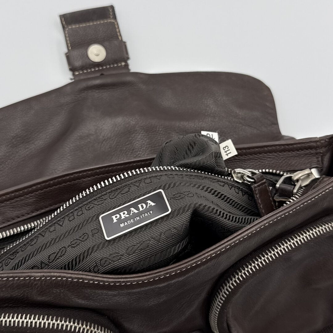 Prada Buckle Leather Brown Shoulder Bag