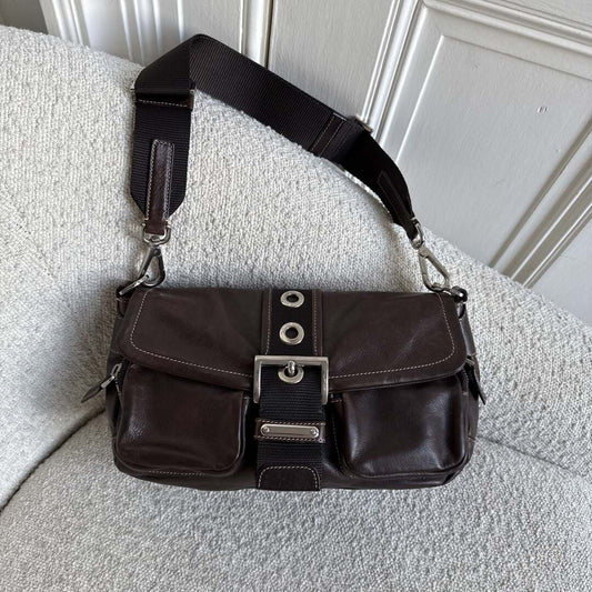 Prada Buckle Leather Brown Shoulder Bag