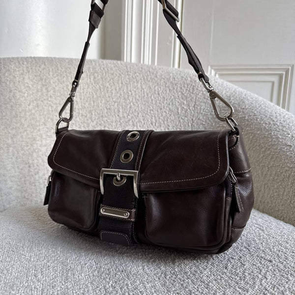 Prada Buckle Leather Brown Shoulder Bag