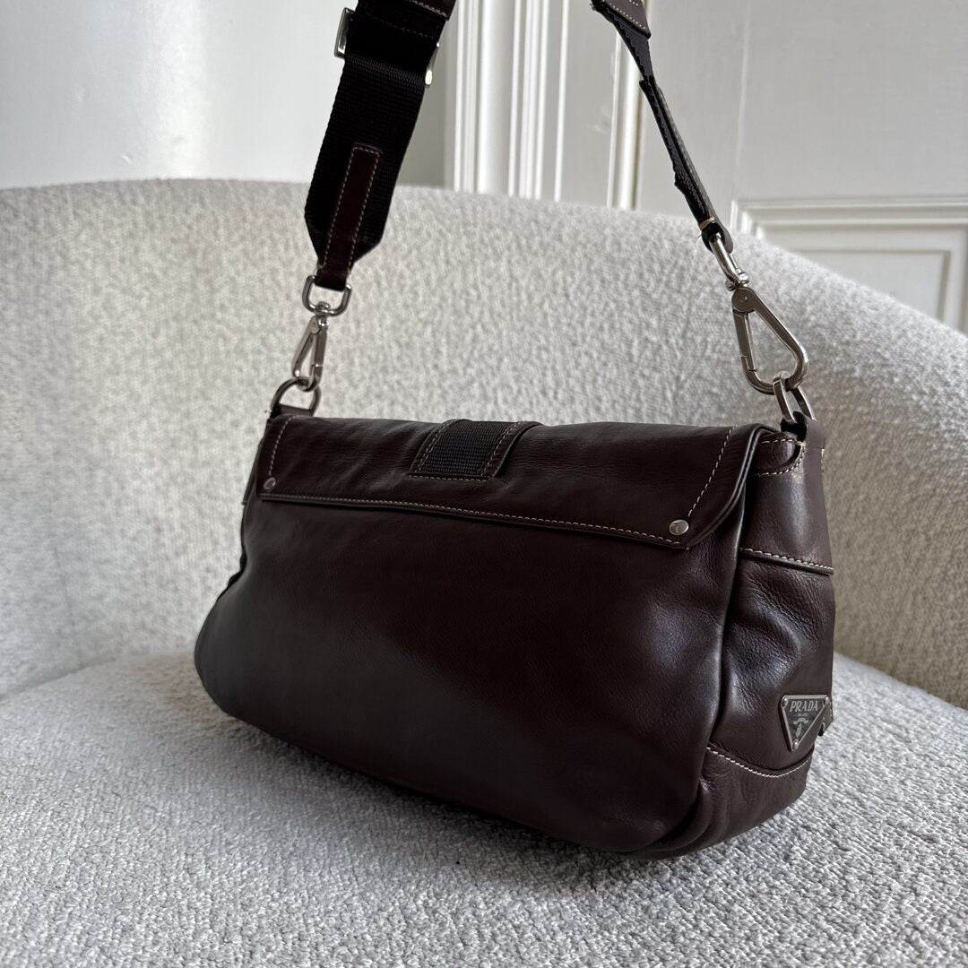 Prada Buckle Leather Brown Shoulder Bag