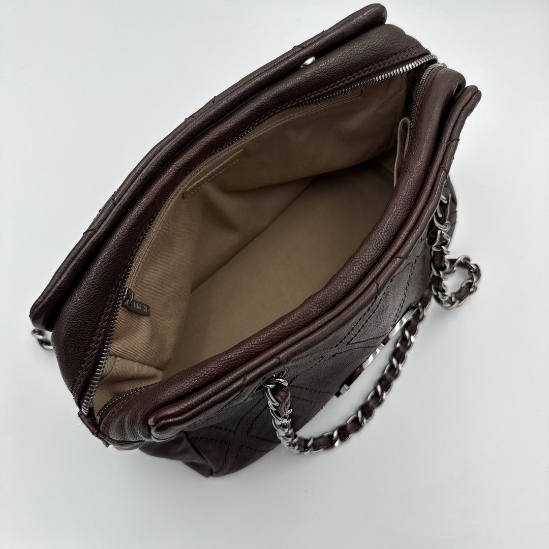 2005 Chanel CC Wild Stitch Brown Leather Shoulder Bag