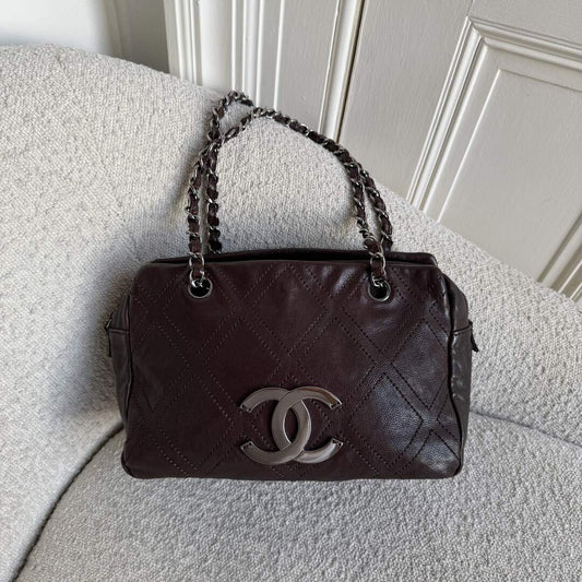 2005 Chanel CC Wild Stitch Brown Leather Shoulder Bag