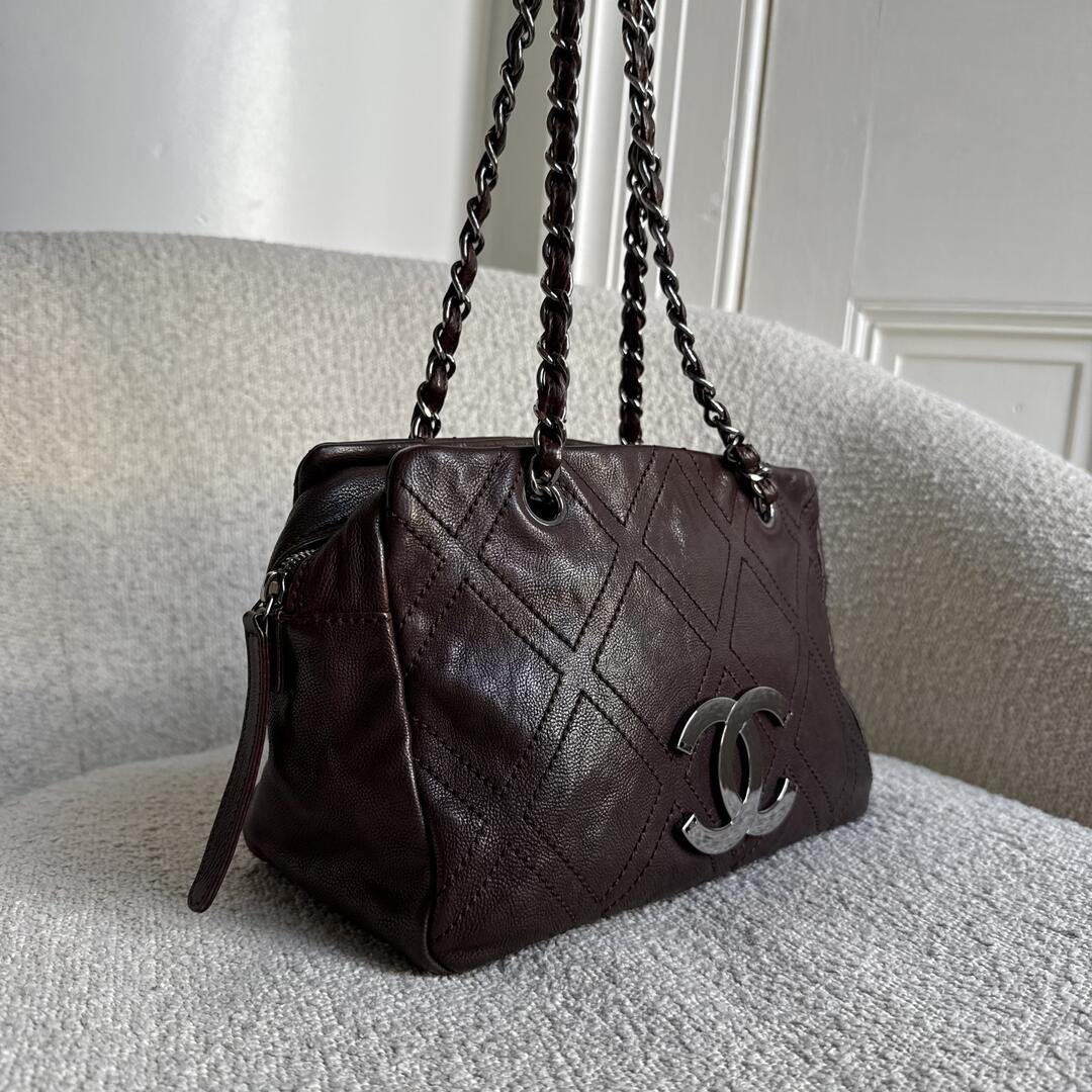 2005 Chanel CC Wild Stitch Brown Leather Shoulder Bag