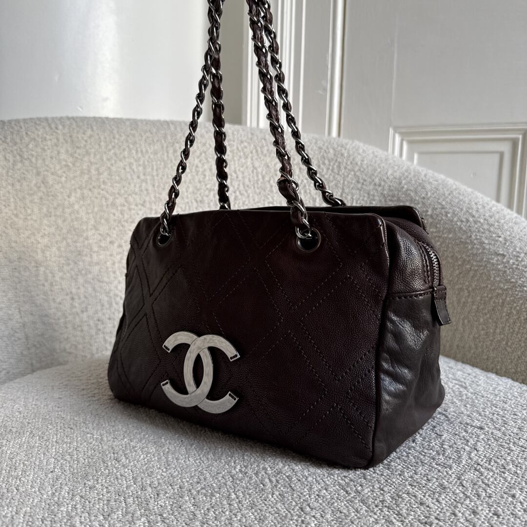 2005 Chanel CC Wild Stitch Brown Leather Shoulder Bag