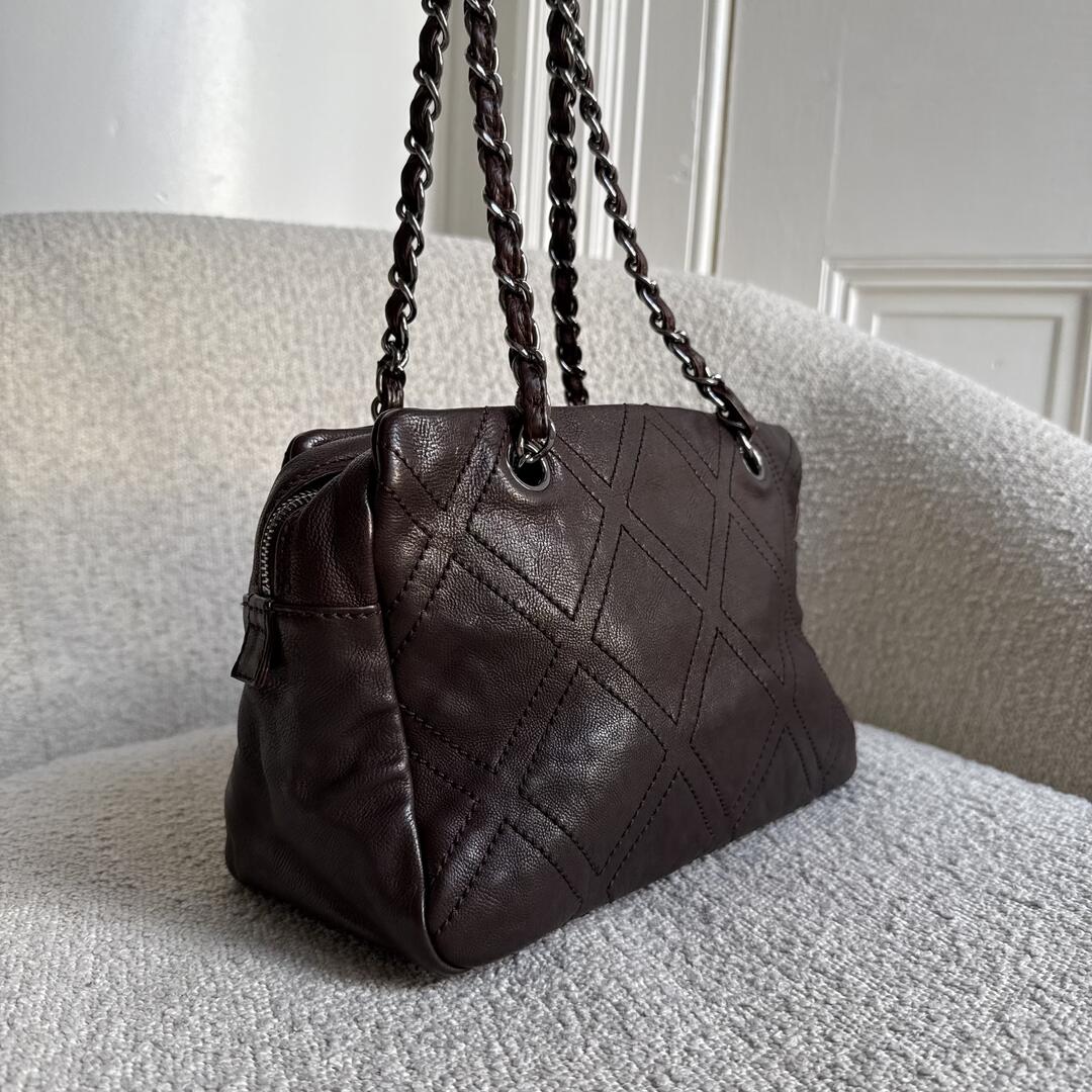 2005 Chanel CC Wild Stitch Brown Leather Shoulder Bag