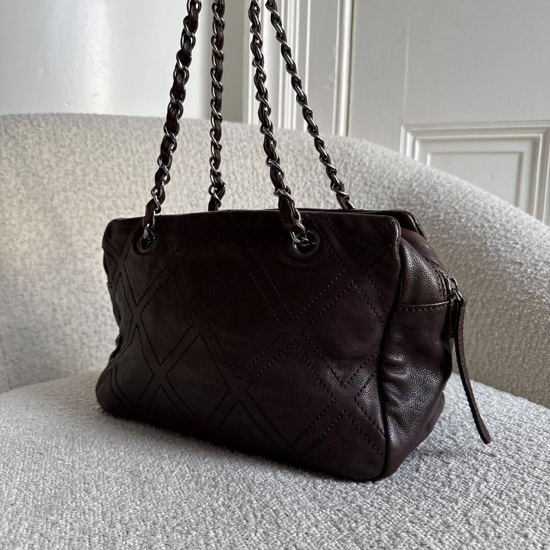 2005 Chanel CC Wild Stitch Brown Leather Shoulder Bag