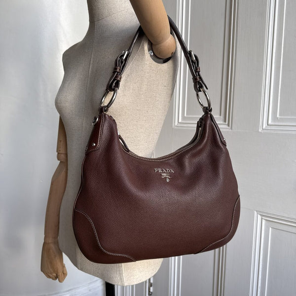 Prada Vitello Daino Brown Leather Shoulder Bag