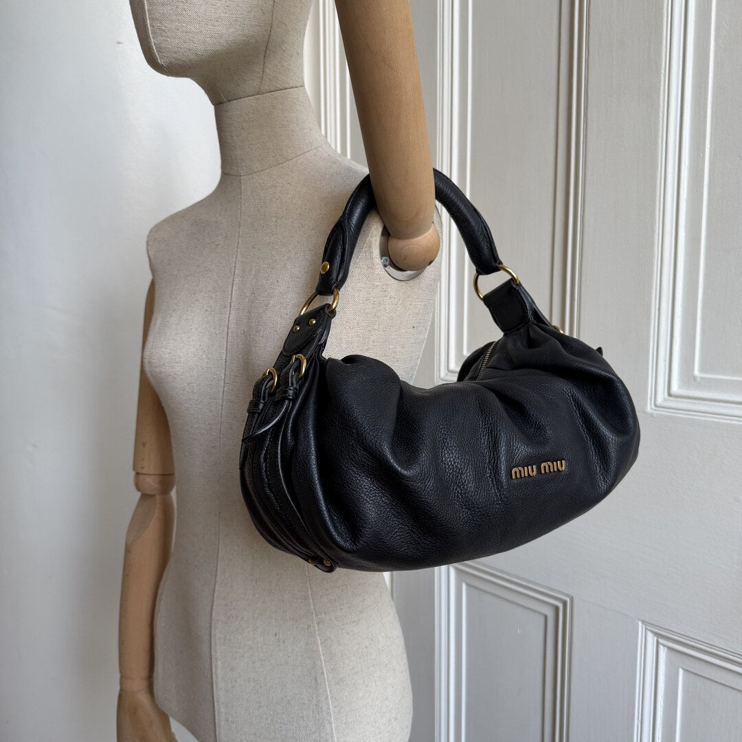 Miu Miu Vitello Hobo Black Leather Shoulder Bag