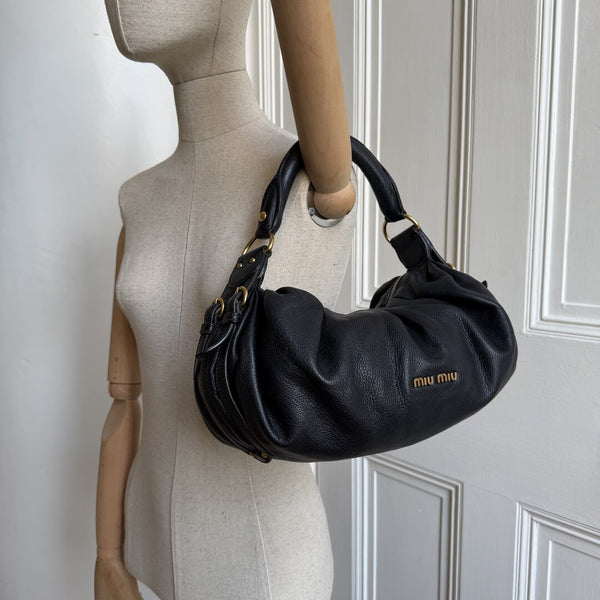 Miu Miu Vitello Hobo Black Leather Shoulder Bag