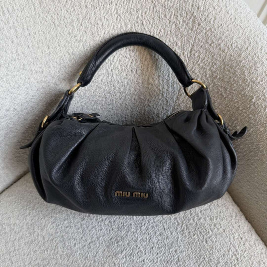 Miu Miu Vitello Hobo Black Leather Shoulder Bag