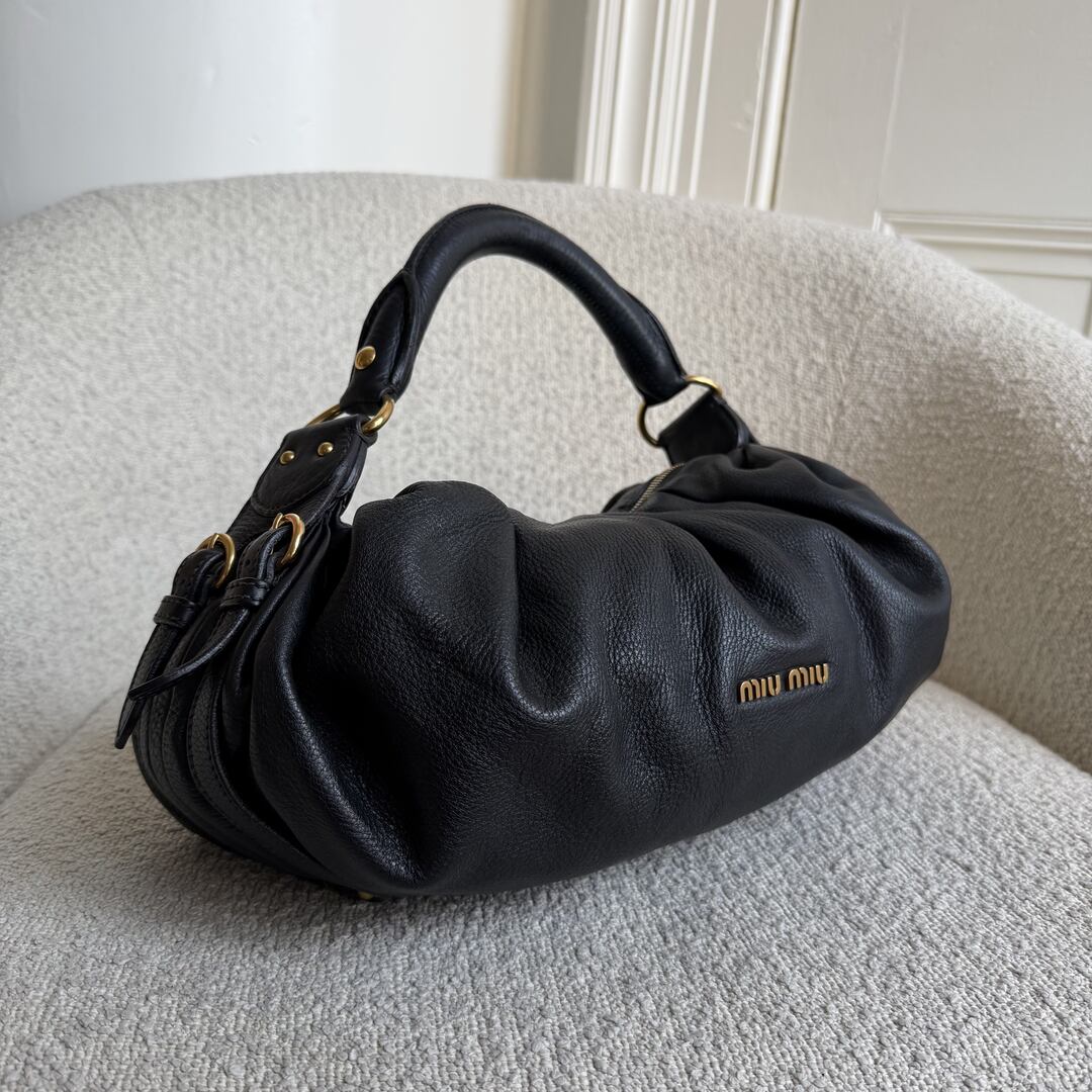 Miu Miu Vitello Hobo Black Leather Shoulder Bag