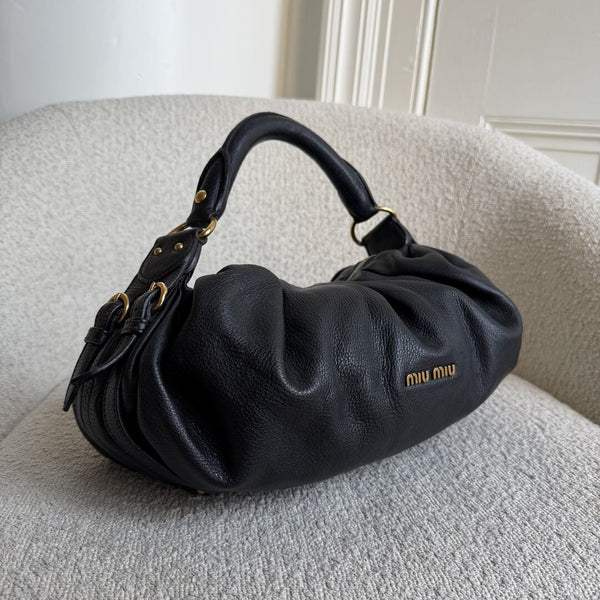Miu Miu Vitello Hobo Black Leather Shoulder Bag
