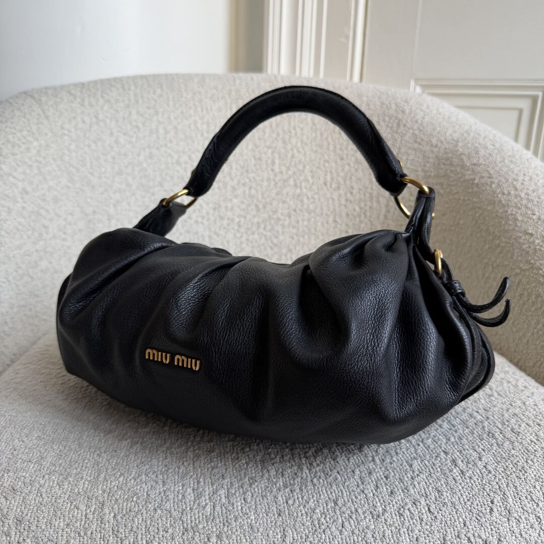 Miu Miu Vitello Hobo Black Leather Shoulder Bag