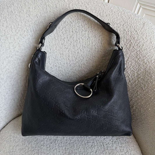 Gucci Guccissima Horsebit Icon Bit Black Leather Shoulder Bag