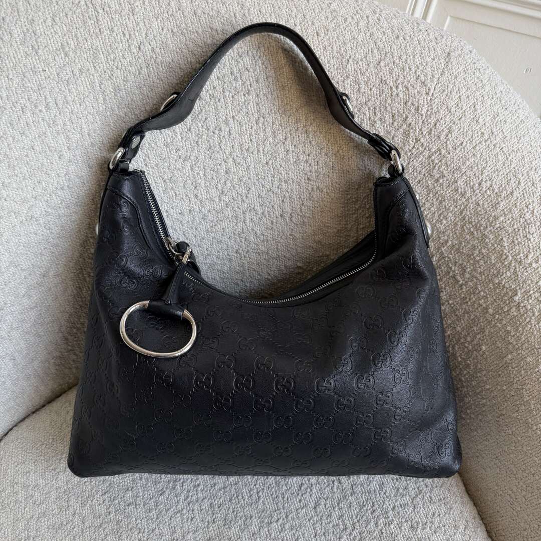 Gucci Guccissima Horsebit Icon Bit Black Leather Shoulder Bag