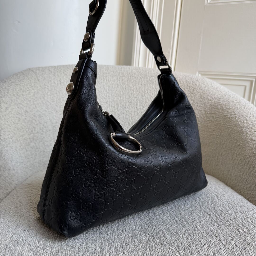 Gucci Guccissima Horsebit Icon Bit Black Leather Shoulder Bag