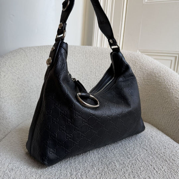 Gucci Guccissima Horsebit Icon Bit Black Leather Shoulder Bag