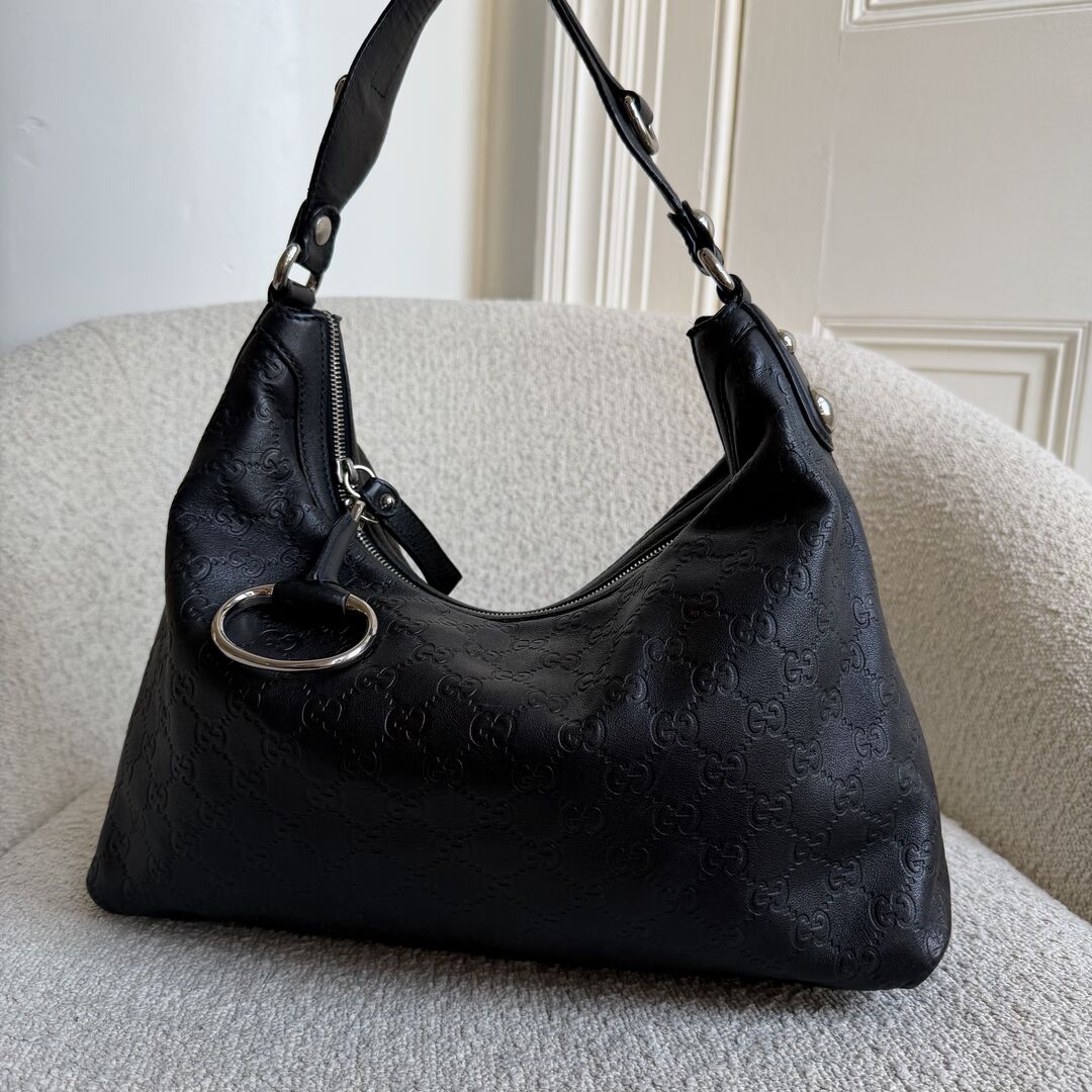 Gucci Guccissima Horsebit Icon Bit Black Leather Shoulder Bag