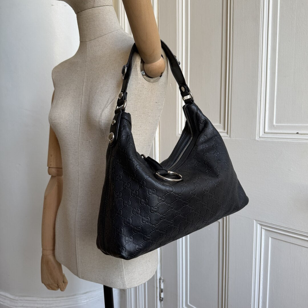 Gucci Guccissima Horsebit Icon Bit Black Leather Shoulder Bag