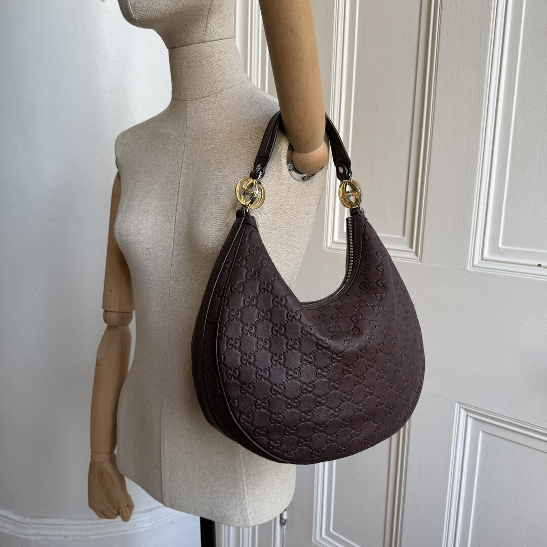 Gucci Guccissima Twins Hobo Brown Leather Shoulder Bag