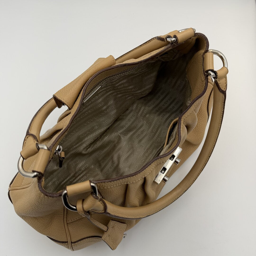 2007 Prada Vitello Daino Hobo Leather Tan Shoulder Bag