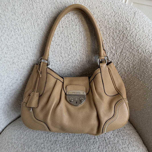 2007 Prada Vitello Daino Hobo Leather Tan Shoulder Bag