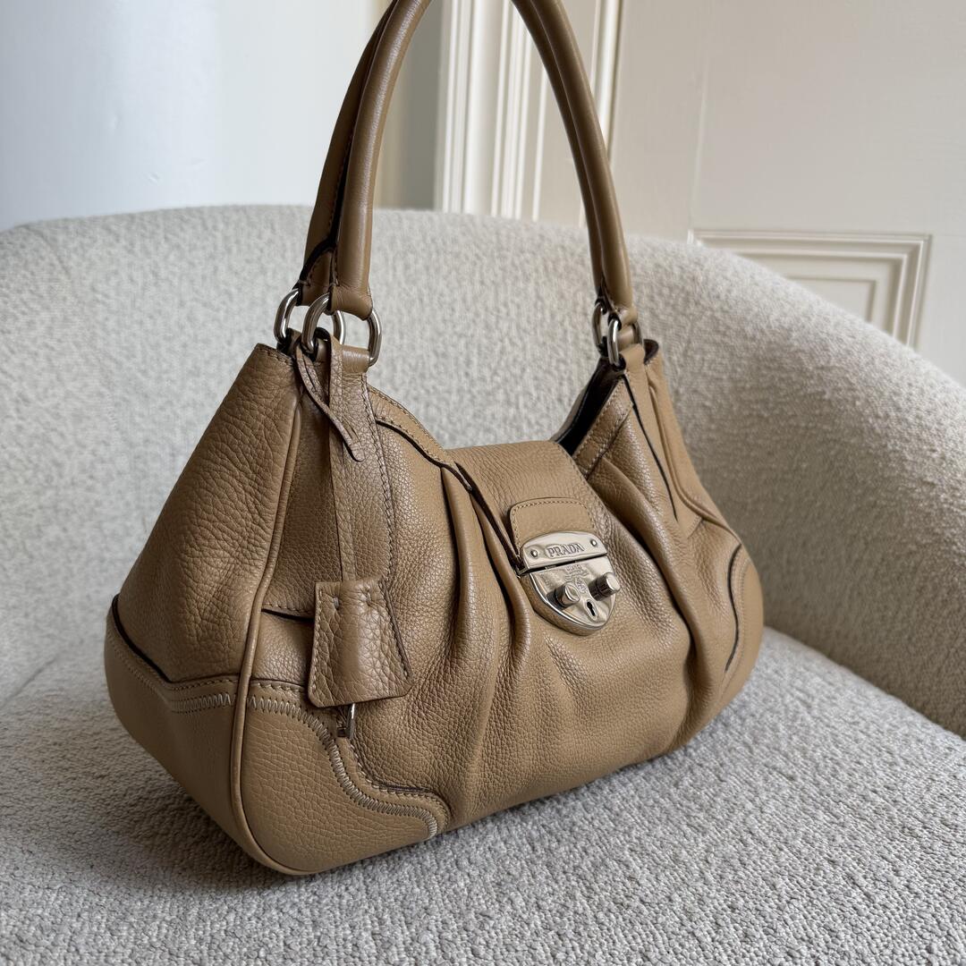 2007 Prada Vitello Daino Hobo Leather Tan Shoulder Bag