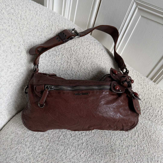 Archive Miu Miu Leather Flower Brown Shoulder Bag