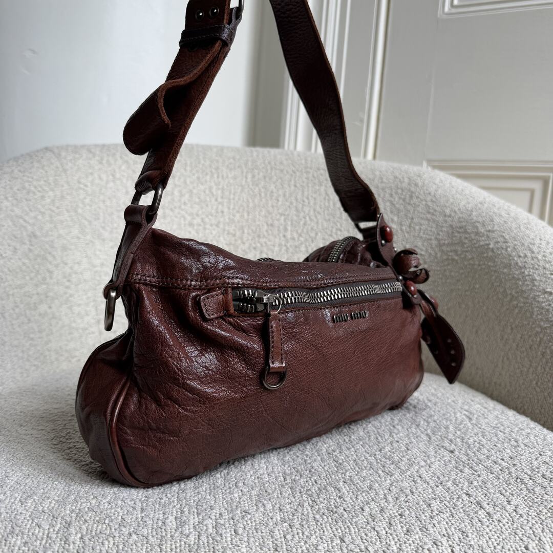 Archive Miu Miu Leather Flower Brown Shoulder Bag