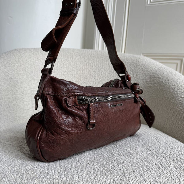 Archive Miu Miu Leather Flower Brown Shoulder Bag