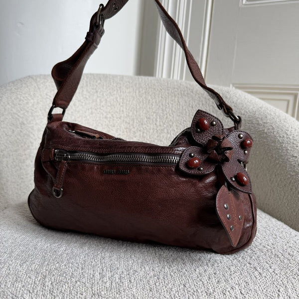 Archive Miu Miu Leather Flower Brown Shoulder Bag