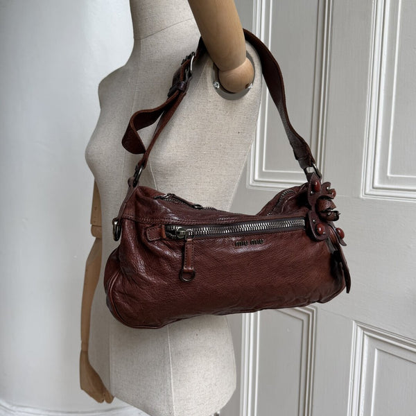 Archive Miu Miu Leather Flower Brown Shoulder Bag