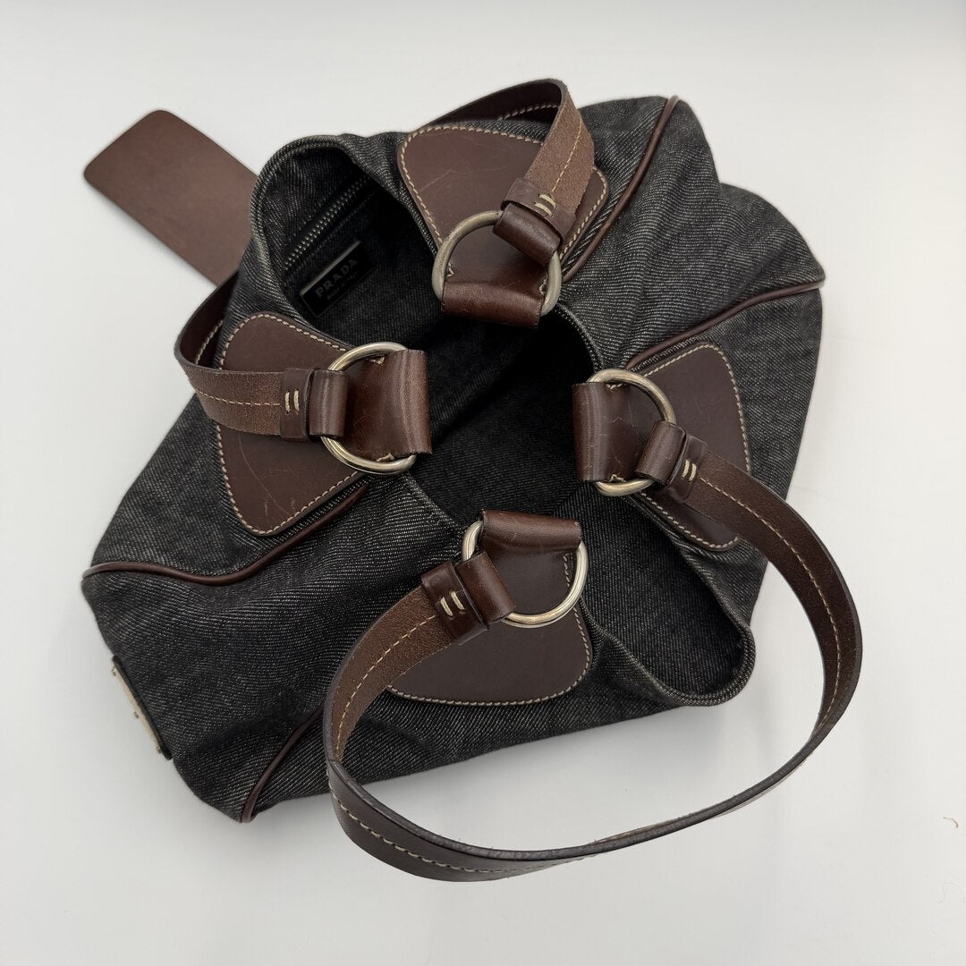 Prada Moon Denim Brown Leather Shoulder Bag