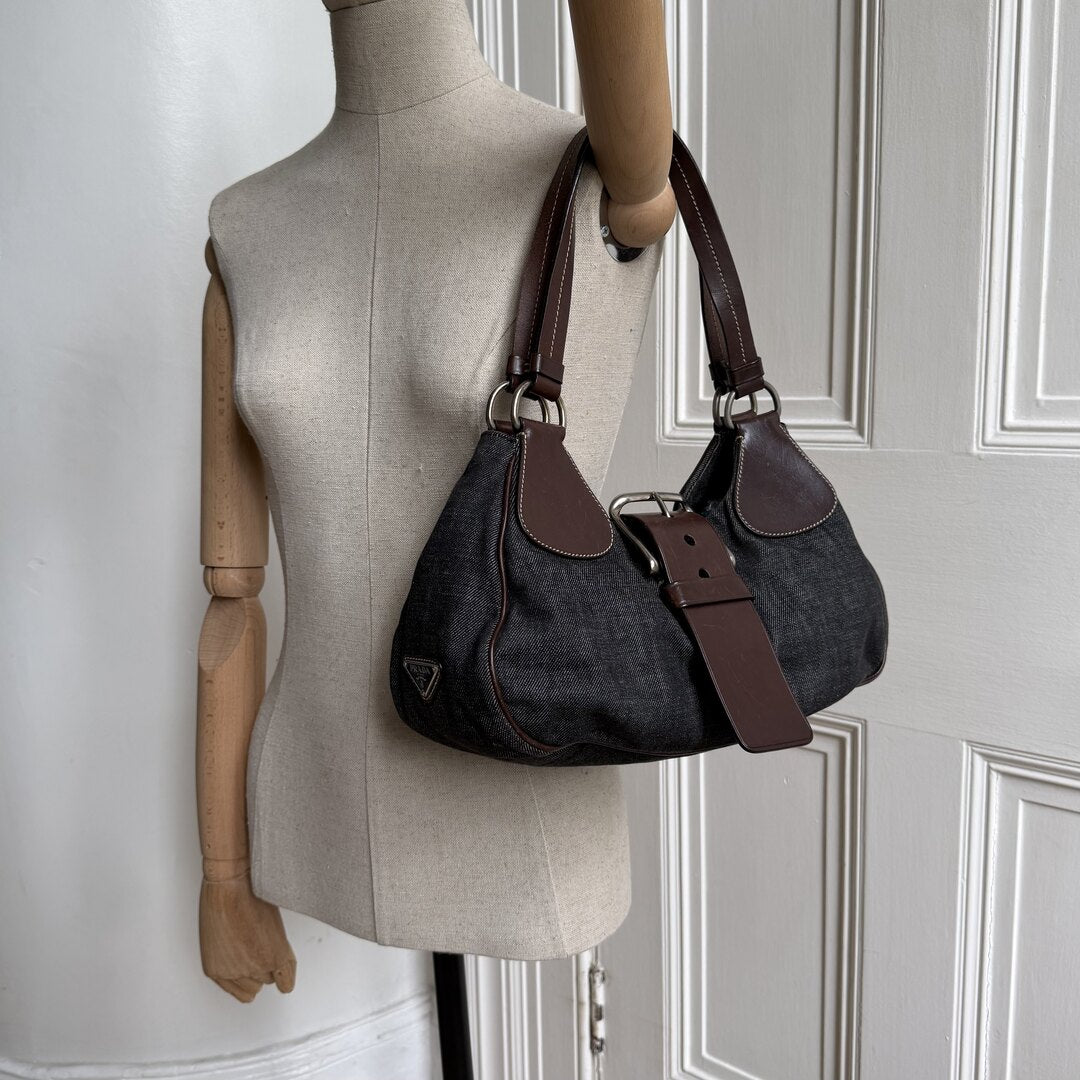 Prada Moon Denim Brown Leather Shoulder Bag