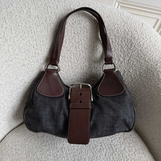 Prada Moon Denim Brown Leather Shoulder Bag