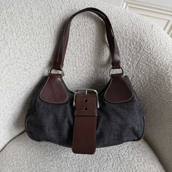 Prada Moon Denim Brown Leather Shoulder Bag