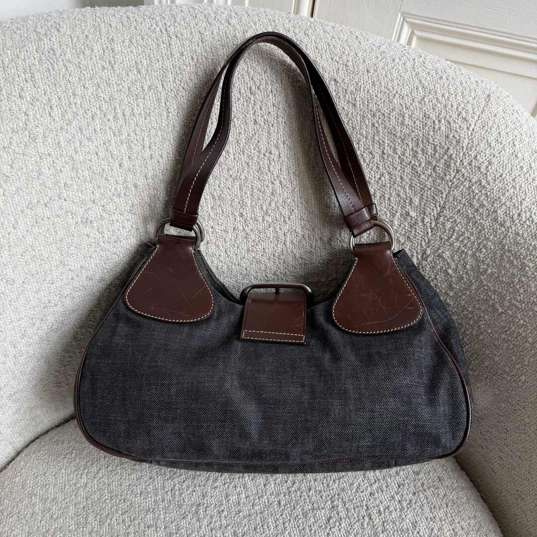 Prada Moon Denim Brown Leather Shoulder Bag