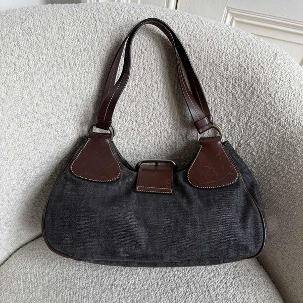 Prada Moon Denim Brown Leather Shoulder Bag