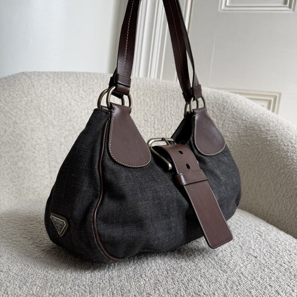 Prada Moon Denim Brown Leather Shoulder Bag