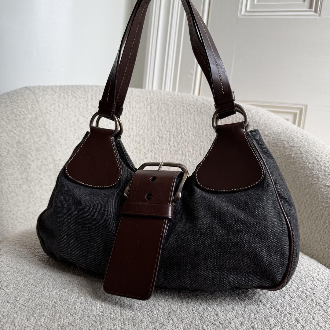Prada Moon Denim Brown Leather Shoulder Bag